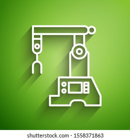White line Assembly line icon isolated on green background. Automatic production conveyor. Robotic industry concept.  Vector Illustration