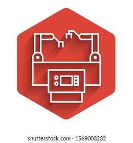 White line Assembly line icon isolated with long shadow. Automatic production conveyor. Robotic industry concept. Red hexagon button. Vector Illustration