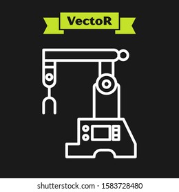 White line Assembly line icon isolated on black background. Automatic production conveyor. Robotic industry concept.  Vector Illustration