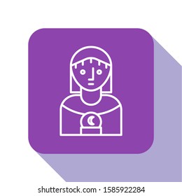 White line Astrology woman icon isolated on white background. Purple square button. Vector Illustration