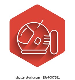 White line Astronaut helmet icon isolated with long shadow. Red hexagon button. Vector Illustration