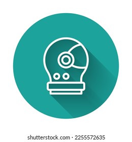 White line Astronaut helmet icon isolated with long shadow background. Green circle button. Vector