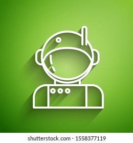 White line Astronaut icon isolated on green background.  Vector Illustration