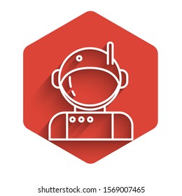 White line Astronaut icon isolated with long shadow. Red hexagon button. Vector Illustration