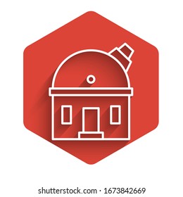 White line Astronomical observatory icon isolated with long shadow. Observatory with a telescope. Scientific institution. Red hexagon button. Vector Illustration