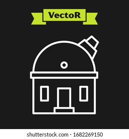 White line Astronomical observatory icon isolated on black background. Observatory with a telescope. Scientific institution.  Vector Illustration