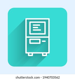 White line ATM - Automated teller machine icon isolated with long shadow. Green square button. Vector