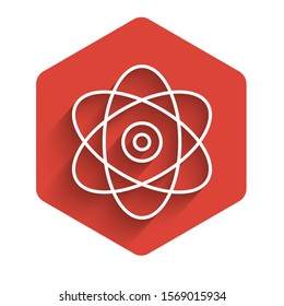 White line Atom icon isolated with long shadow. Symbol of science, education, nuclear physics, scientific research. Electrons and protons sign. Red hexagon button. Vector Illustration