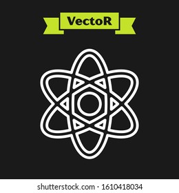 White line Atom icon isolated on black background. Symbol of science, education  Vector Illustration