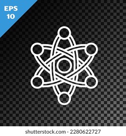 White line Atom icon isolated on transparent dark background. Symbol of science, education, nuclear physics, scientific research.  Vector Illustration