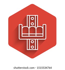 White line Attraction carousel icon isolated with long shadow. Amusement park. Childrens entertainment playground, recreation park. Red hexagon button. Vector Illustration