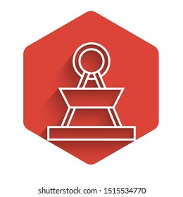 White line Attraction carousel icon isolated with long shadow. Amusement park. Childrens entertainment playground, recreation park. Red hexagon button. Vector Illustration