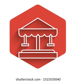 White line Attraction carousel icon isolated with long shadow. Amusement park. Childrens entertainment playground, recreation park. Red hexagon button. Vector Illustration