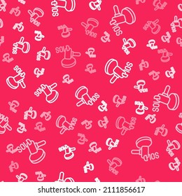 White line Auction hammer icon isolated seamless pattern on red background. Gavel - hammer of judge or auctioneer. Bidding process, deal done. Auction bidding.  Vector
