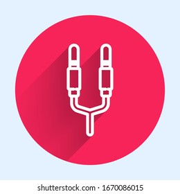 White line Audio jack icon isolated with long shadow. Audio cable for connection sound equipment. Plug wire. Musical instrument. Red circle button. Vector Illustration