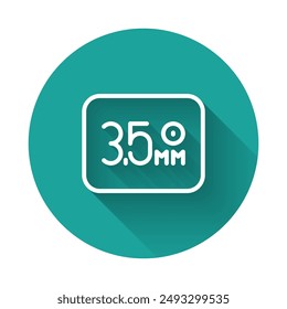 White line Audio jack icon isolated with long shadow background. Audio cable for connection sound equipment. Plug wire. Musical instrument. Green circle button. Vector