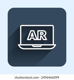 Weiße Linie Augmented Reality AR-Symbol einzeln auf langem Schattenhintergrund. Virtuelle futuristische tragbare Geräte. Blauer quadratischer Knopf. Vektorgrafik