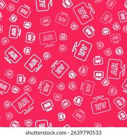 White line Augmented reality AR icon isolated seamless pattern on red background. Virtual futuristic wearable devices.  Vector