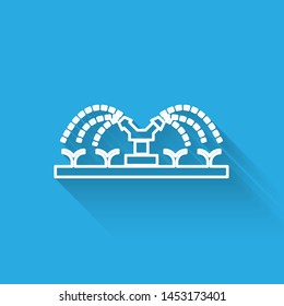 White line Automatic irrigation sprinklers icon isolated with long shadow. Watering equipment. Garden element. Spray gun icon.  Vector Illustration