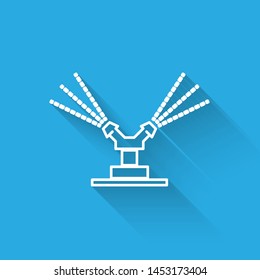 White line Automatic irrigation sprinklers icon isolated with long shadow. Watering equipment. Garden element. Spray gun icon.  Vector Illustration