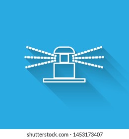 White line Automatic irrigation sprinklers icon isolated with long shadow. Watering equipment. Garden element. Spray gun icon.  Vector Illustration