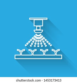 White line Automatic irrigation sprinklers icon isolated with long shadow. Watering equipment. Garden element. Spray gun icon.  Vector Illustration
