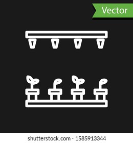 White line Automatic irrigation sprinklers icon isolated on black background. Watering equipment. Garden element. Spray gun icon.  Vector Illustration