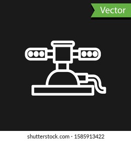 White line Automatic irrigation sprinklers icon isolated on black background. Watering equipment. Garden element. Spray gun icon.  Vector Illustration