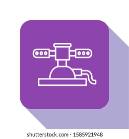 White line Automatic irrigation sprinklers icon isolated on white background. Watering equipment. Garden element. Spray gun icon. Purple square button. Vector Illustration