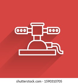 White line Automatic irrigation sprinklers icon isolated with long shadow. Watering equipment. Garden element. Spray gun icon.  Vector Illustration