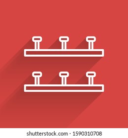 White line Automatic irrigation sprinklers icon isolated with long shadow. Watering equipment. Garden element. Spray gun icon.  Vector Illustration