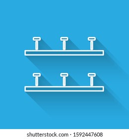 White line Automatic irrigation sprinklers icon isolated with long shadow. Watering equipment. Garden element. Spray gun icon.  Vector Illustration