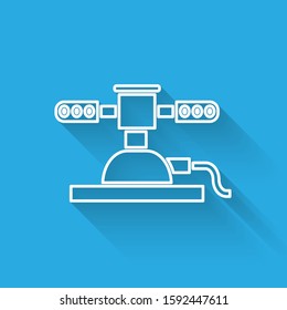 White line Automatic irrigation sprinklers icon isolated with long shadow. Watering equipment. Garden element. Spray gun icon.  Vector Illustration