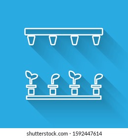 White line Automatic irrigation sprinklers icon isolated with long shadow. Watering equipment. Garden element. Spray gun icon.  Vector Illustration
