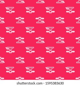 White line Automatic irrigation sprinklers icon isolated seamless pattern on red background. Watering equipment. Garden element. Spray gun icon.  Vector Illustration