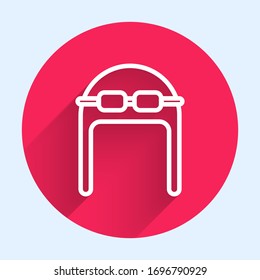White line Aviator hat with goggles icon isolated with long shadow. Pilot hat. Red circle button. Vector Illustration