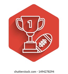 White line Award cup and American football ball icon isolated with long shadow. Winner trophy symbol. Championship or competition trophy. Red hexagon button. Vector Illustration