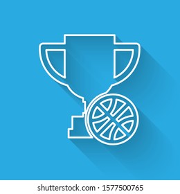 White line Award cup with basketball ball icon isolated with long shadow. Winner trophy symbol. Championship or competition trophy.  Vector Illustration