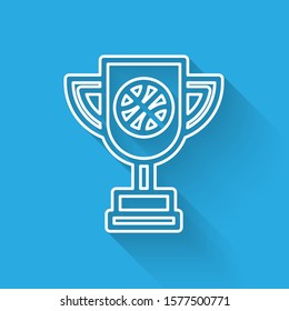 White line Award cup with basketball ball icon isolated with long shadow. Winner trophy symbol. Championship or competition trophy.  Vector Illustration