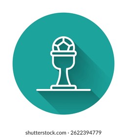 White line Award cup and football ball icon isolated with long shadow background. Winner trophy symbol. Championship or competition trophy. Green circle button. Vector