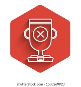 White line Award cup icon isolated with long shadow. Winner trophy symbol. Championship or competition trophy. Sports achievement sign. Red hexagon button. Vector Illustration