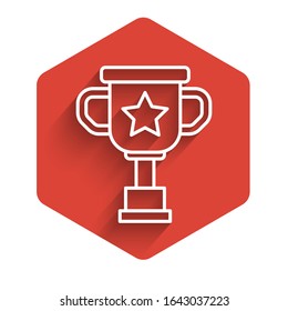 White line Award cup icon isolated with long shadow. Winner trophy symbol. Championship or competition trophy. Sports achievement sign. Red hexagon button. Vector Illustration