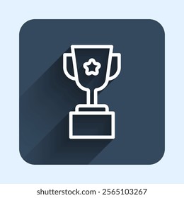 White line Award cup icon isolated with long shadow background. Winner trophy symbol. Championship or competition trophy. Sports achievement sign. Blue square button. Vector