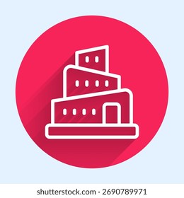 Linha branca Babel torre ícone da história da bíblia isolado com sombra longa. Botão de círculo vermelho. Vetor