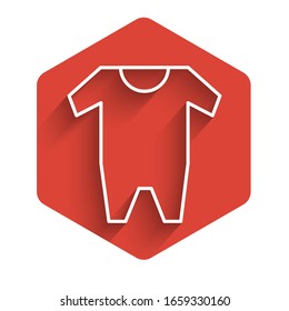 White line Baby clothes icon isolated with long shadow. Baby clothing for baby girl and boy. Baby bodysuit. Red hexagon button. Vector Illustration