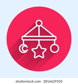 White line Baby crib hanging toys icon isolated with long shadow background. Baby bed carousel. Red circle button. Vector