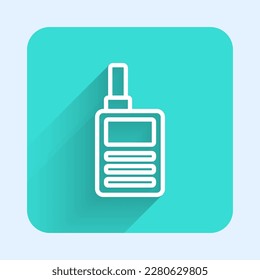 White line Baby Monitor Walkie Talkie icon isolated with long shadow. Green square button. Vector
