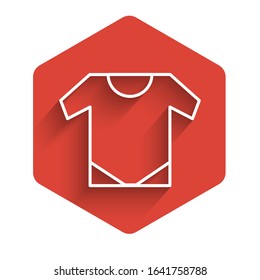 White line Baby onesie icon isolated with long shadow. Baby clothes symbol. Kid wear sign. Red hexagon button. Vector Illustration