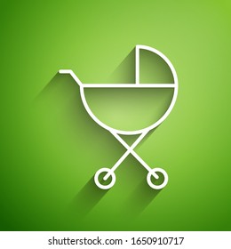 White line Baby stroller icon isolated on green background. Baby carriage, buggy, pram, stroller, wheel.  Vector Illustration