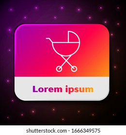 White line Baby stroller icon isolated on black background. Baby carriage, buggy, pram, stroller, wheel. Rectangle color button. Vector Illustration